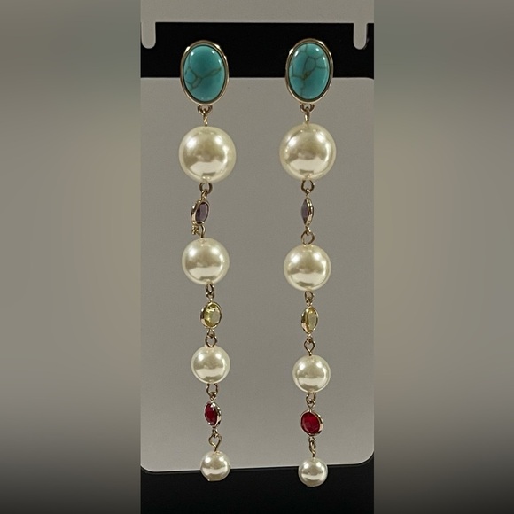 NWT ANNA & AVA by Brooke Webb Turquoise &Pearl Dangle Earrings with Red Accents - Picture 1 of 5